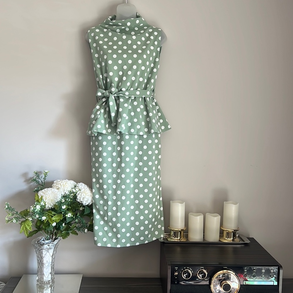 PrettyLittleThing mint green and white polka dot funnel neck peplum midi dress